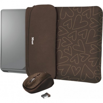 Trust Yvo Reversible Laptop Sleeve 15.6 & quot; + Wireless Mouse Brown Hearts